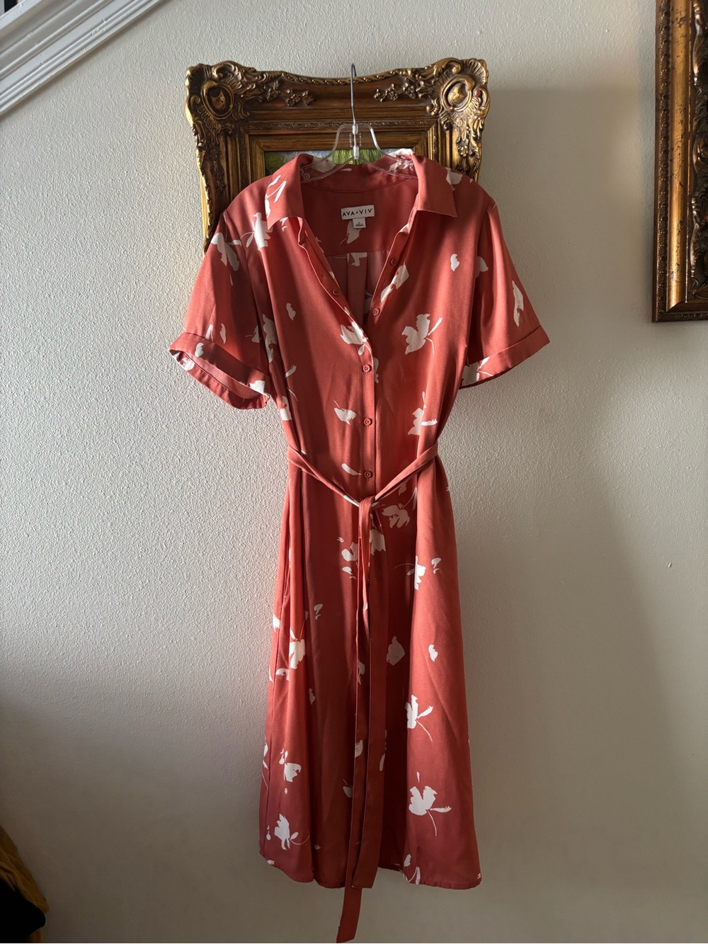 Ava & Viv Salmon Midi Shirt Dress with White Floral Motif